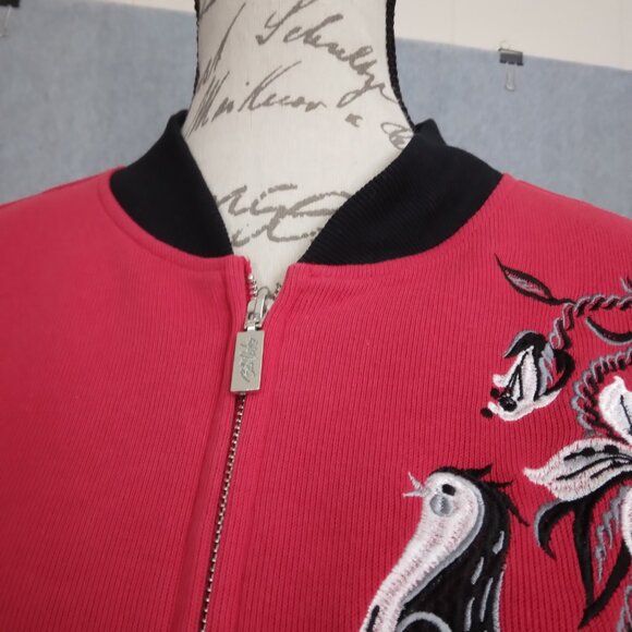 Bob Mackie | Embroidered Bird Flowers Knit Jacket Full Zip Red | Size XL - Picture 5 of 10